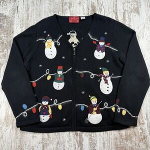 Womens Lg (14-16) HolidayLodge Snowmen Applique Cardigan Sweater Zip Black Knit